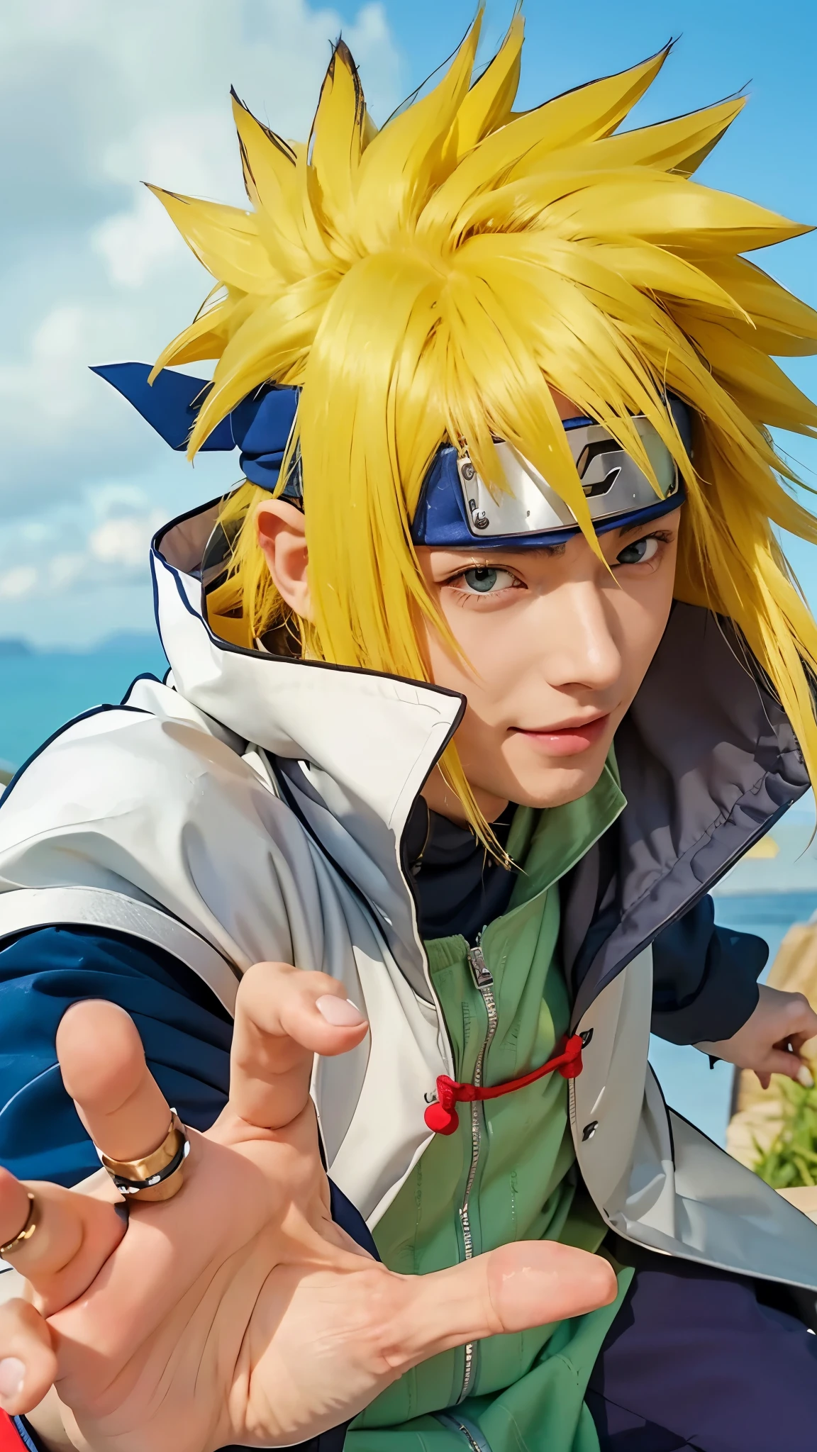 1male, minato namikaze in anime naruto shippuden, yellow hair, blue eyes, green clothes, realistic clothes, handsome, smile, city background, realistic, ultra detail