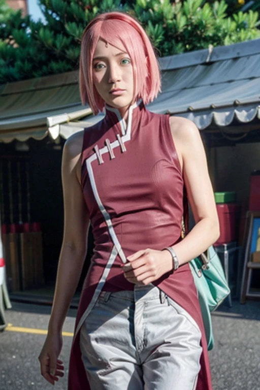 Real life adaption of this character,Asian teen beauty , realistic same hair, realistic outfit, realistic light, realistic shadow, hyper realistic, realism, realistic background,(photorealistic:1.2),green eyes color. Sakura / Sakura Haruno (Sakura Haruno) / [Boruto: Naruto Next Generation,1girl ,white pants ,best quality ,ultra Higd ,detail realistic ,sceneHDR pro