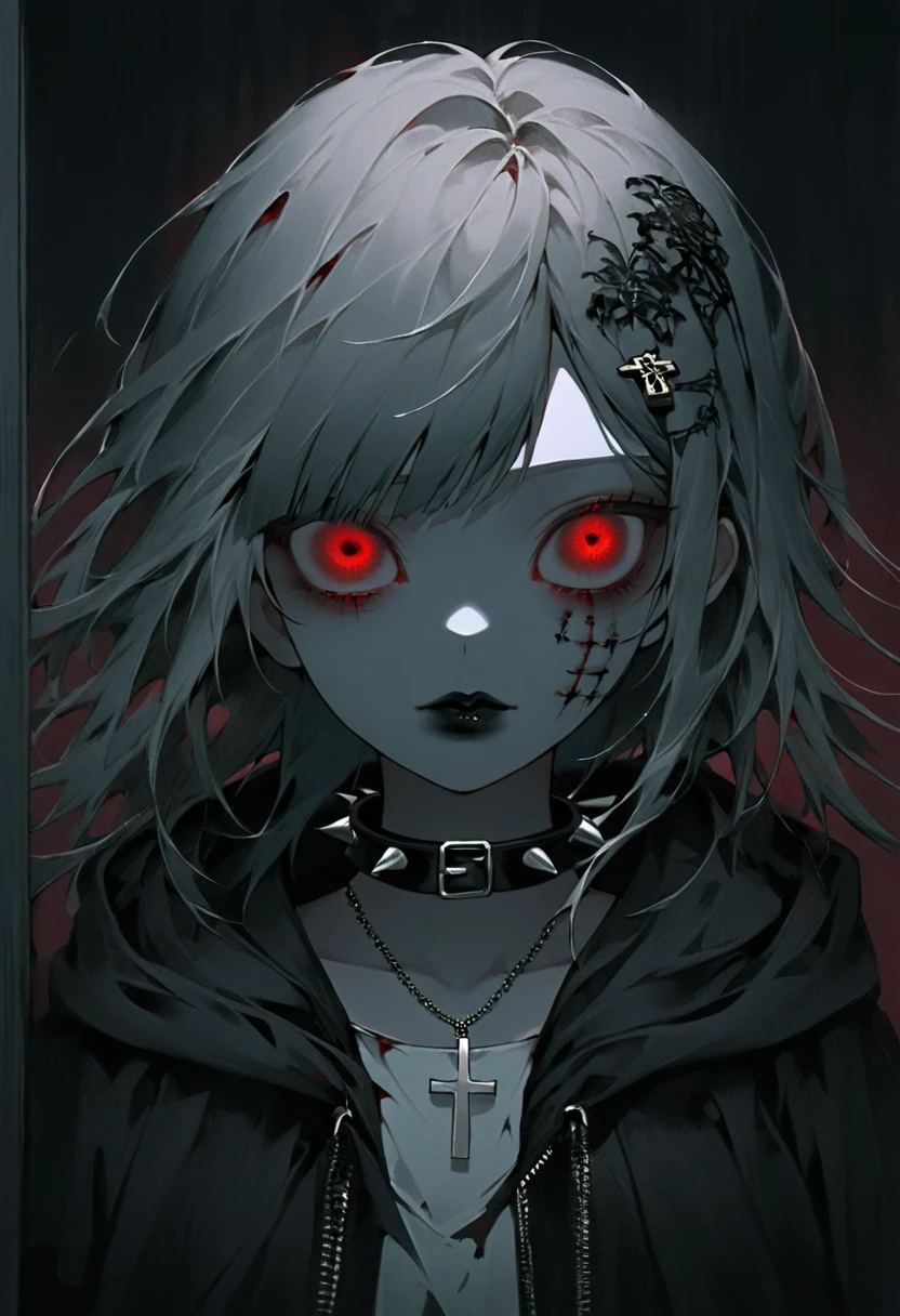 1 girl, black collar, Gothic, zombie atmosphere, black lips, collar, collar, cross, cross necklace, gray hair, hair accessories, hairpin, have, hood, inverted cross, Jacket, jewelry, lipstick, looking at the audience, cosmetic, Medium long hair, necklace, Red eyes, shirt, short hair, alone, spiked collar, peak, Upper body, luminescent, horror theme, Threshold