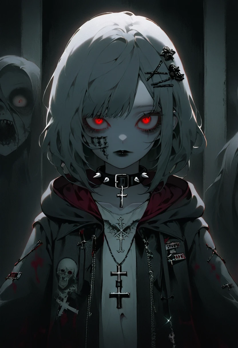 1 girl, black collar,  Gothic, zombie atmosphere, black lips, collar, collar, cross, cross necklace, gray hair, hair accessories, hairpin, have, hood, inverted cross, Jacket, jewelry, lipstick, looking at the audience, cosmetic, Medium long hair, necklace, Red eyes, shirt, short hair, alone, spiked collar, peak, Upper body, luminescent, horror theme, Threshold