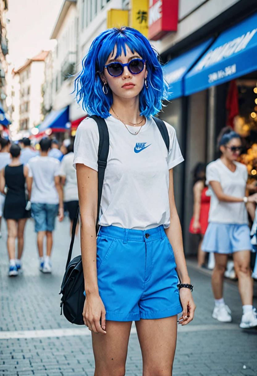 blue hair。Best Anamorphic Lens Photography。Women with freckles。Shopping street in the background。background is blurry。fashionable。I&#39;m wearing Air Force Nike sneakers.。Standing and showing the whole body。Shuttered streets。I&#39;m wearing high socks。She wears sunglasses and has earrings in her ears。Shooting from a distance with the whole body in view。Wearing a tight dress。