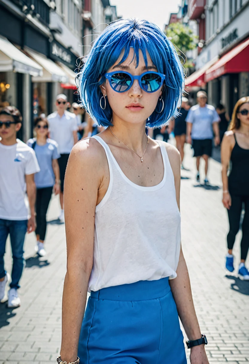 blue hair。Best Anamorphic Lens Photography。Women with freckles。Shopping street in the background。background is blurry。fashionable。I&#39;m wearing Air Force Nike sneakers.。Standing and showing the whole body。Shuttered streets。I&#39;m wearing high socks。She wears sunglasses and has earrings in her ears。Shooting from a distance with the whole body in view。Wearing a tight dress。