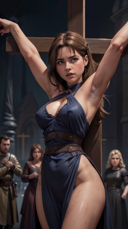 Foto hiperrealista en primer plano de mature (((mature Sophie Marceau))), Create dystopian masterpieces, scene from the Game of Thrones movie, she is dressed in Game of Thrones style, tight dark blue top with armor accessories, broken breastplate, on a medieval market square,  beautiful woman, skinny chubby, small ???????, straight brown hair, detailed face, ((fear)), photo taken from a distance, age 35 years old, (((violent men lifting her dress:1.2))), (((????? hairy ??????:1.2))), (((restrained and crucified by the crowd:1.2))), (((serious))), (((tears running along her cheeks))), (wood cross), ((big ????? sagging ???????)), hairy ?????, thigh gap, (((dark atmosphere))), ((foggy)), ((detailed shadows)), ((large muscular thighs))