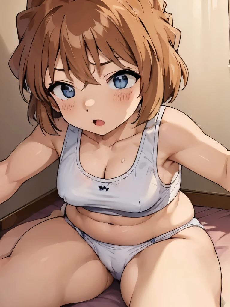 A girl wearing a white sports bra and a white diaper, big booty, curvy highlighted booty, light brown hair,blue eyes,muscular!!,short hair,small breasts,blushed,troubled expression,steam,Sweat,Leapfrogging,slouch,take a bow,She wears a plastic diaper,Angle view from directly above,spread legs,Looking at the camera,face up