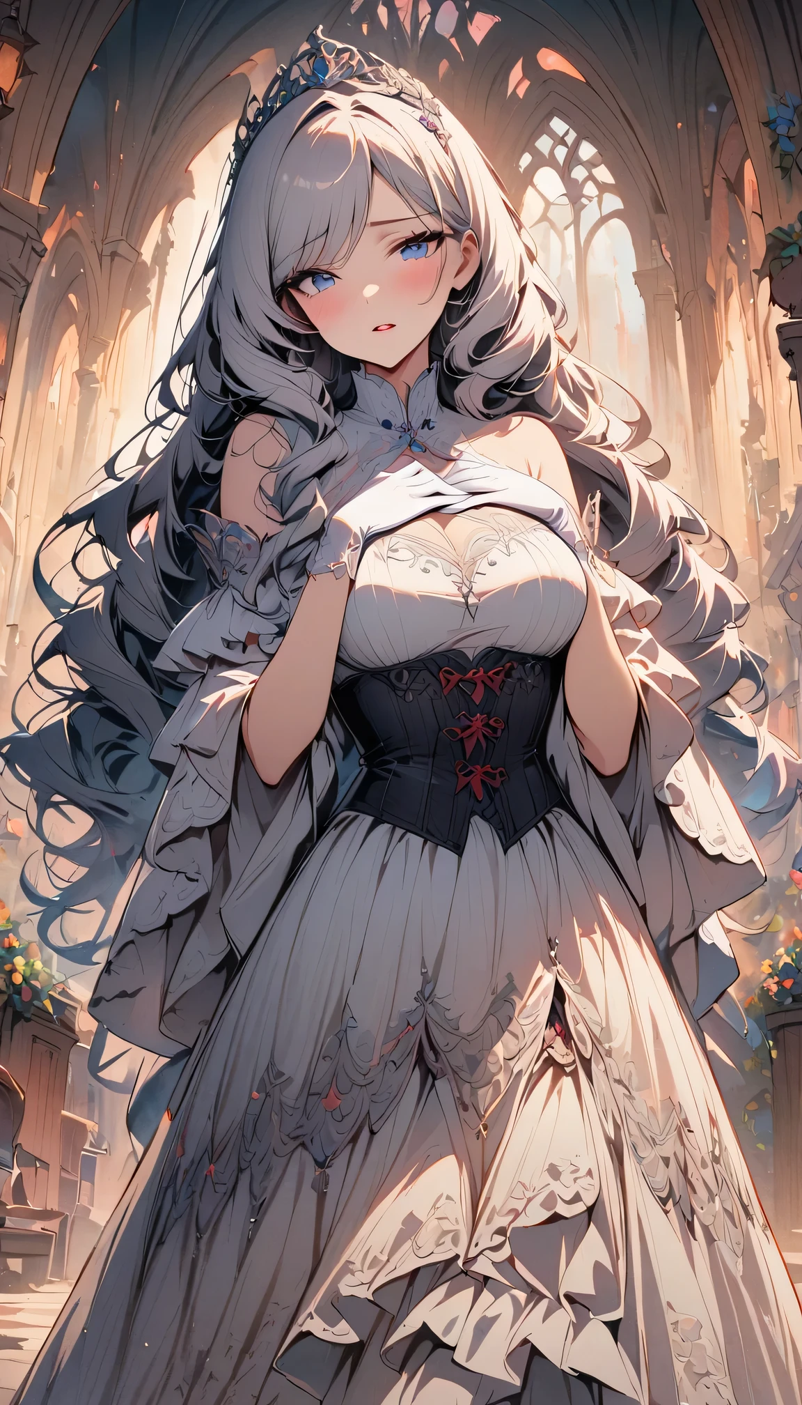 ((Extremely detailed CG unified 8k wallpaper)), masterpiece, Super detailed, floating, High resolution, Sexual innuendo, (small, Ridiculously long white hair, Princess, blue eyes, (Gorgeous long white and red sheer tiered maxi dress,Long separate wide sleeves and intricate embroidery), Wedding veil, a roundabout, bridal gloves, blush, Shy, Ruffled petticoat, Gorgeous corset,