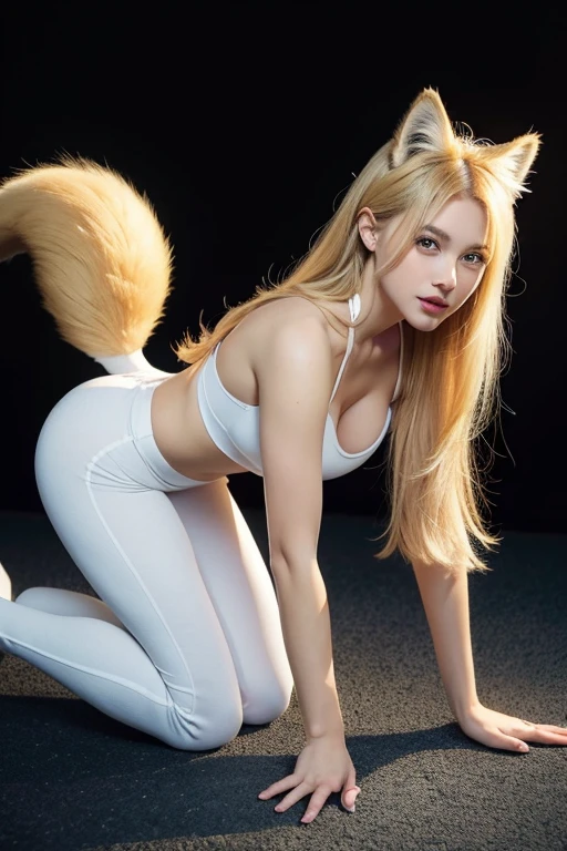 ((highest quality)), ((masterpiece)), (get used to it), perfect face, fox girl, blonde girl, Beautiful woman, public, There is a tail, she has a fluffy tail, she has a fox tail, she shows her tail, crying face, Dog collar, She is wearing leggings, beautiful hips, big breasts , Big tail, tail, get down on all fours