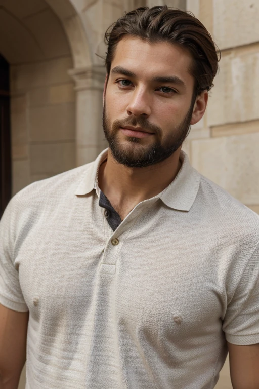 Style epiCRealism un homme brun de 30 ans, light beard, French style, elegant, peau blanche, portrait passeport, portant un polo