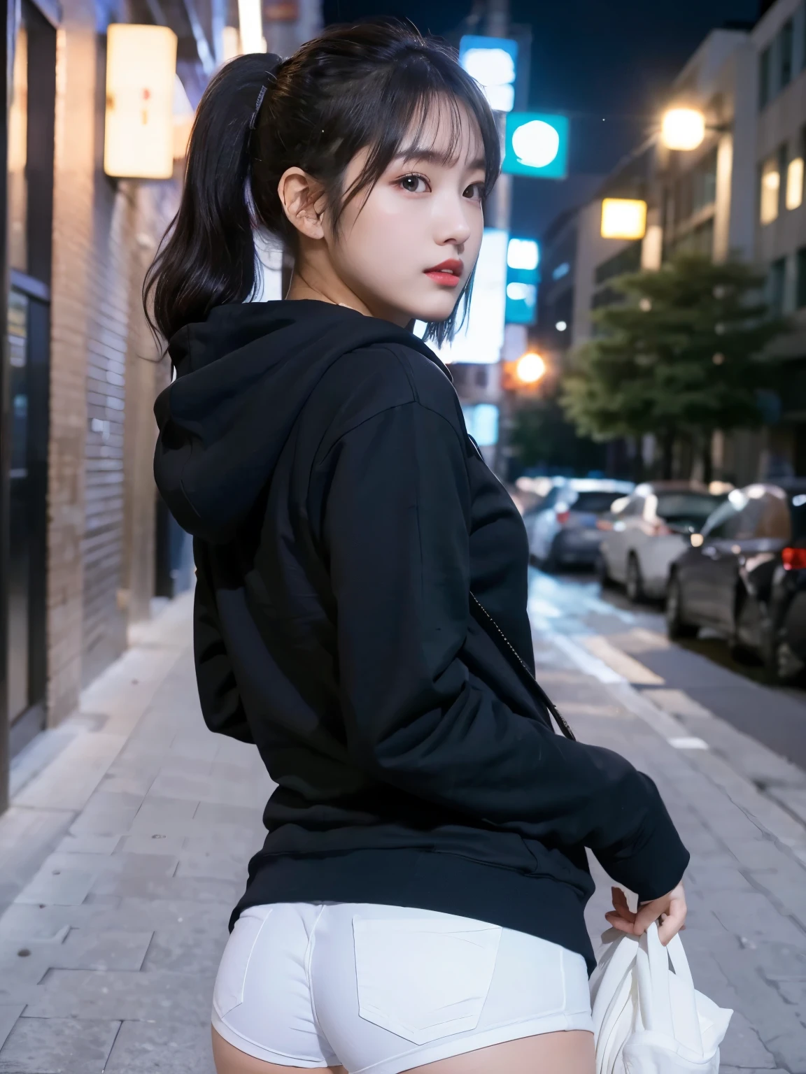 8K), (highest quality: 1.2), (realistic), (realistic: 1.37), ultra high resolution, (3 girls),(straight black hair), Giant Dulcefo, self snap,(school uniform),(black hoodie),(White hot pants),Standing in the city at night, whole body,long legs,beautiful feet,From the back,(Super small ass:1.3),ponytail,The lower part of her buttocks is slightly exposed from her hot pants.,back view