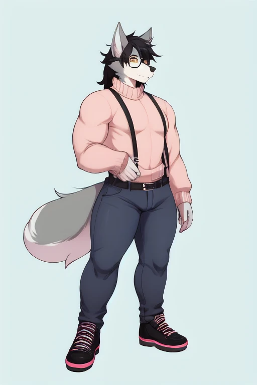 Furry anthropomorphic wolf, light gray fur, yellow eyes, black hair, wearing glasses, 6'4 and 192 lbs, 43" chest, 19" shoulders, 14" biceps, 33" waist, 23" thighs, 15" calves, 18" back, thirty years old, in their prime, wearing brown turtleneck sweater, wearing black suspenders, wearing blue jeans, wearing red leather belt, wearing black shoes, soft colors, vivid colors, pastel colors, soft shading