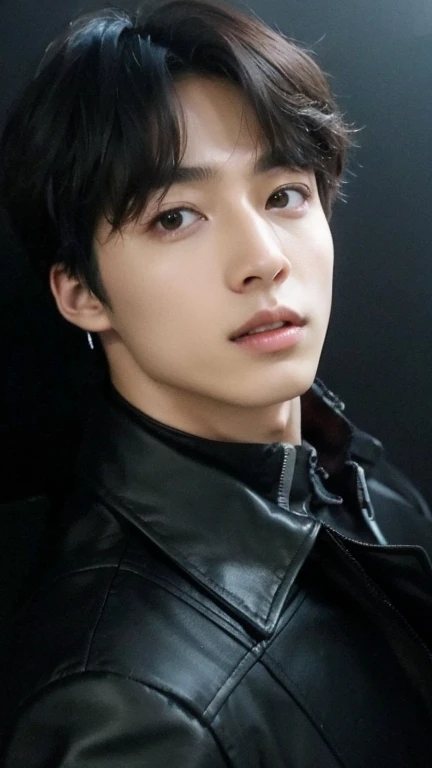 young bruce wayne man brunette, Cuerpo big deal y musculoso, Black T-shirt, in dark room, wet, Asian, Similar to Jungkook, annoying, Serious, thermal, big deal