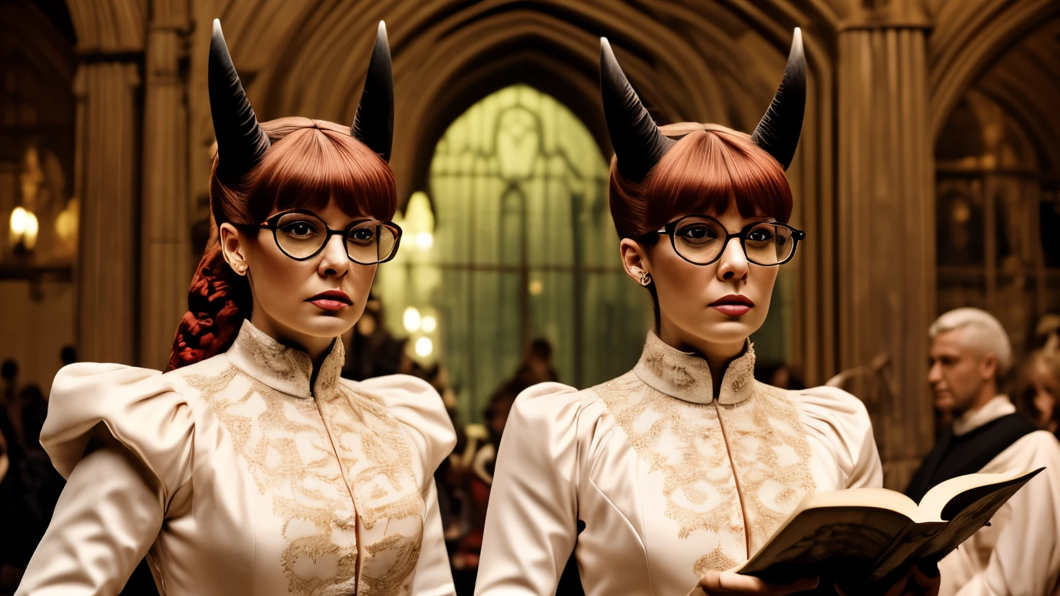 (Masterpiece, best quality), detailed, character sheet, many items (the same person, medieval royal clothes, magic academy uniform, blouse, skirt, glasses, reading glasses, white boots, many parts), athletic, busty, demon, demon girl, detailed beautiful purple eyes, detailed face, pointy ears, red hair and white skin, braided ponytail, demon horns, full of details.