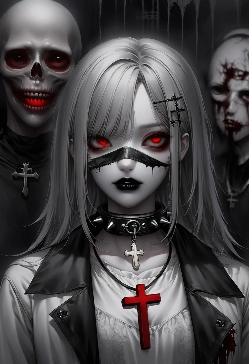 1 girl, black collar, Gothic, zombie atmosphere, black lips, collar, collar, cross, cross necklace, gray hair, hair accessories, hairpin, have, hood, inverted cross, Jacket, jewelry, lipstick, looking at the audience, cosmetic, Medium long hair, necklace, Red eyes, shirt, short hair, alone, spiked collar, peak, Upper body, luminescent, horror theme, Threshold