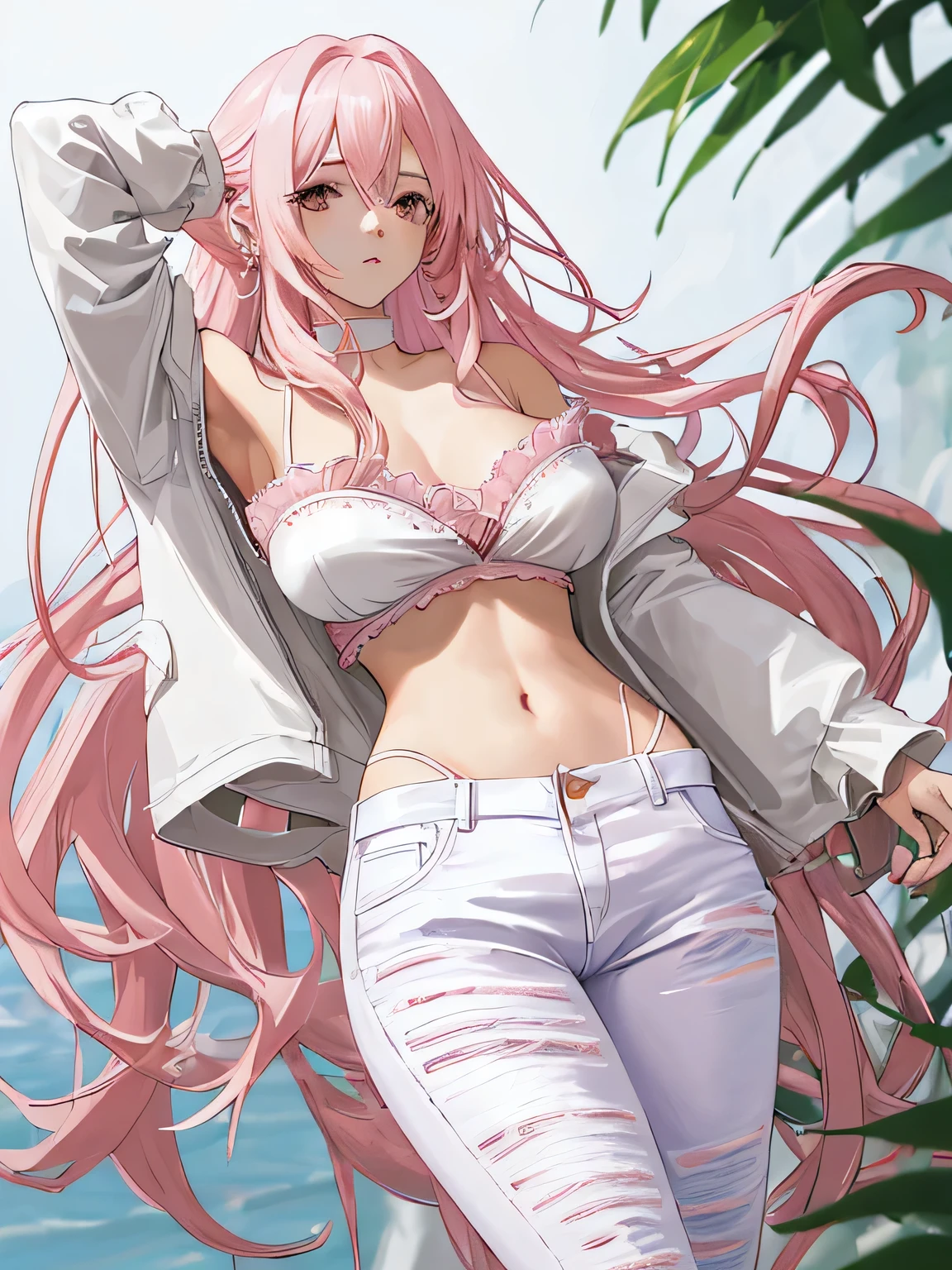 woman with long pink hair wearing white bra with white off shoulder jacket and white unzipped jeans, revealing her pink panties.