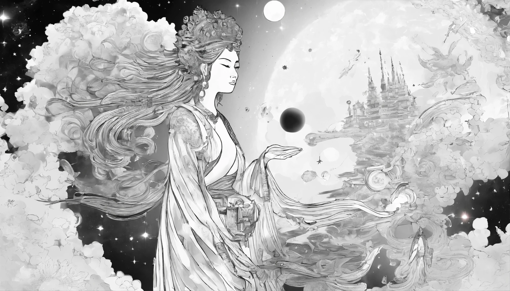 Make me a picture of Guanyin，myth，Sky，Little People，black and white，ink