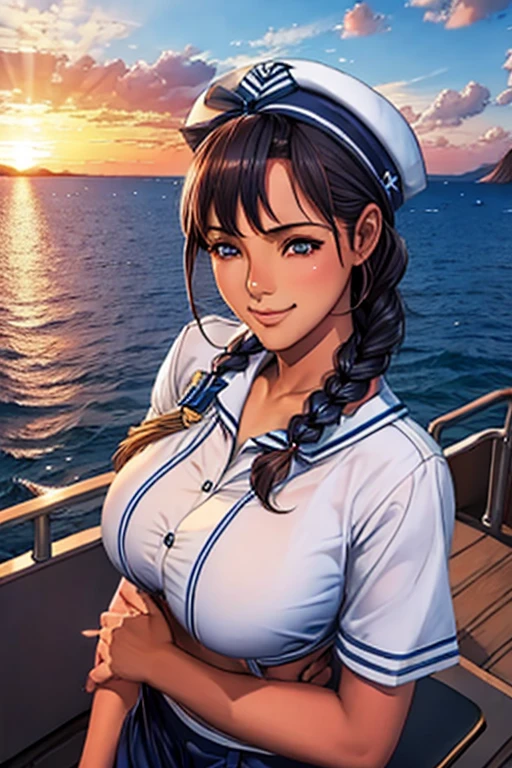 (High quality, High resolution, Fine details), Realistic, (navy), Sail ships, prow, Sunset, Sparkling water, white clouds, Solo, Slim woman, navy sailor hat, navy blue sailor uniform, Braided hair, Sparkling eyes, (Detailed eyes), Smile, Sweat, Oily skin, Smaller chest