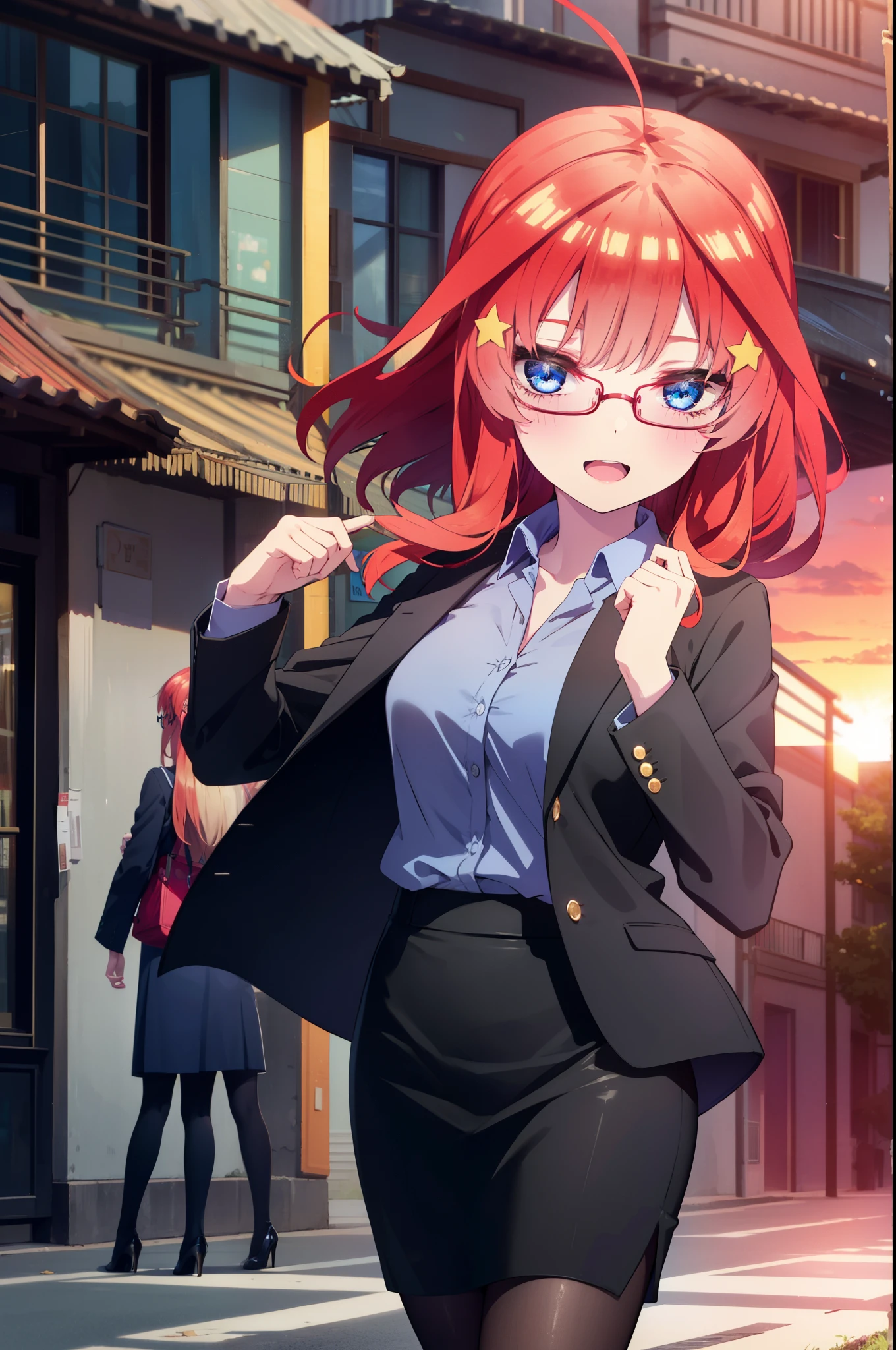 itsukinakano, itsuki nakano, bangs, blue eyes, hair between eyes, Ahoge, redhead, star \(symbol\), hair ornaments, star hair ornaments,happy smile, smile, open your mouth,OL, red glasses, end, black suit jacket, collared jacket, white dress shirt, collared shirt, neckline, button, strap, ID card on neck, black pencil skirt, black pantyhose, stiletto heels,evening,sunset,The sun is setting,
break outdoors, In town,building street,
break looking at viewer, 
break (masterpiece:1.2), highest quality, High resolution, unity 8k wallpaper, (figure:0.8), (detailed and beautiful eyes:1.6), highly detailed face, perfect lighting, Very detailed CG, (perfect hands, perfect anatomy),