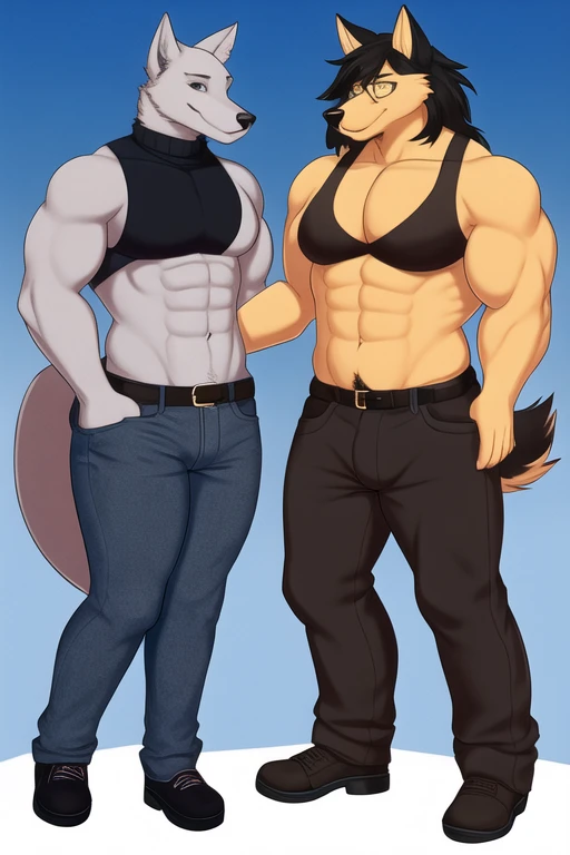 Furry, anthropomorphic wolf, light gray fur, yellow eyes, black hair, wearing glasses, 6'4 and 192 lbs, 43" chest, 19" shoulders, 14" biceps, 33" waist, 23" thighs, 15" calves, 18" back, thirty years old, in their prime, wearing brown turtleneck sweater, wearing black suspenders, wearing blue jeans, wearing red leather belt, wearing black shoes, soft colors, vivid colors, pastel colors, soft shading