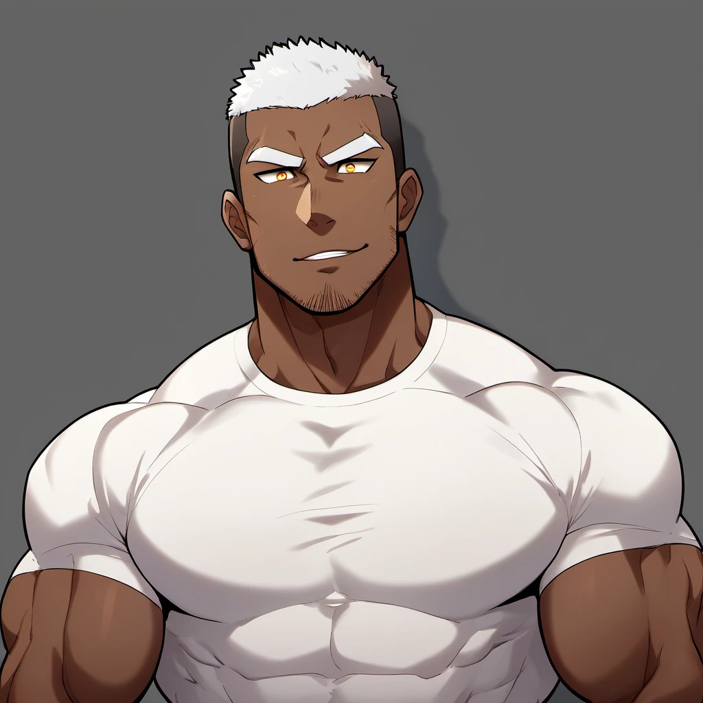 anime characters：Black man, Fitness coach, Dark black skin tone, His skin is pitch black., 1 muscular tough guy, Manliness, male focus, Cream Lycra T-shirt, Very tight, The pectoral muscles are oversized, Slightly transparent, muscular male, muscular, only, Upper body, alone, White short hair, Thick eyebrows, stubble, Yellow eyes, Grey background, simple background, amazing quality, best aesthetics, Ridiculous, bright pupils, crew cut, parted lips, seductive smile, torogao, naughty face, drop shadow, best quality