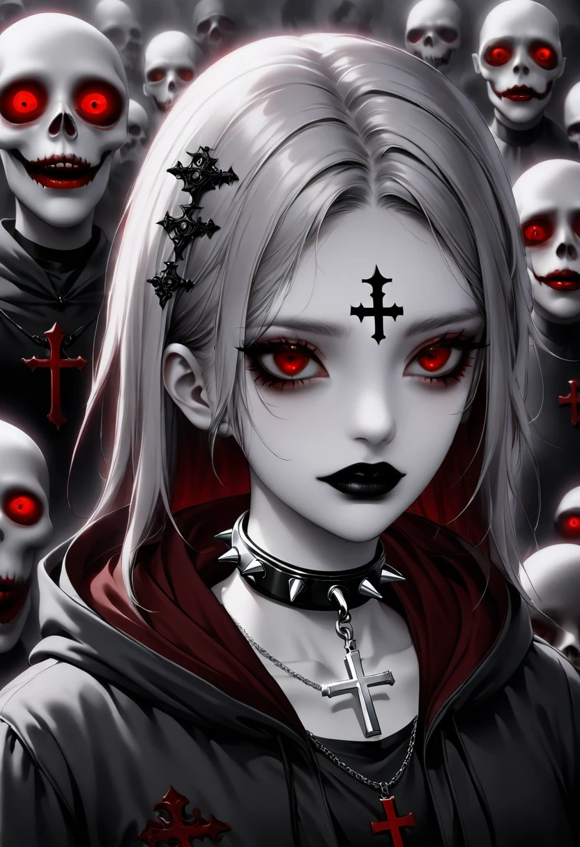 1 girl, black collar, Gothic, zombie atmosphere, black lips, collar, collar, cross, cross necklace, gray hair, hair accessories, hairpin, have, hood, inverted cross, Jacket, jewelry, lipstick, looking at the audience, cosmetic, Medium long hair, necklace, Red eyes, shirt, short hair, alone, spiked collar, peak, Upper body, luminescent, horror theme, Threshold
