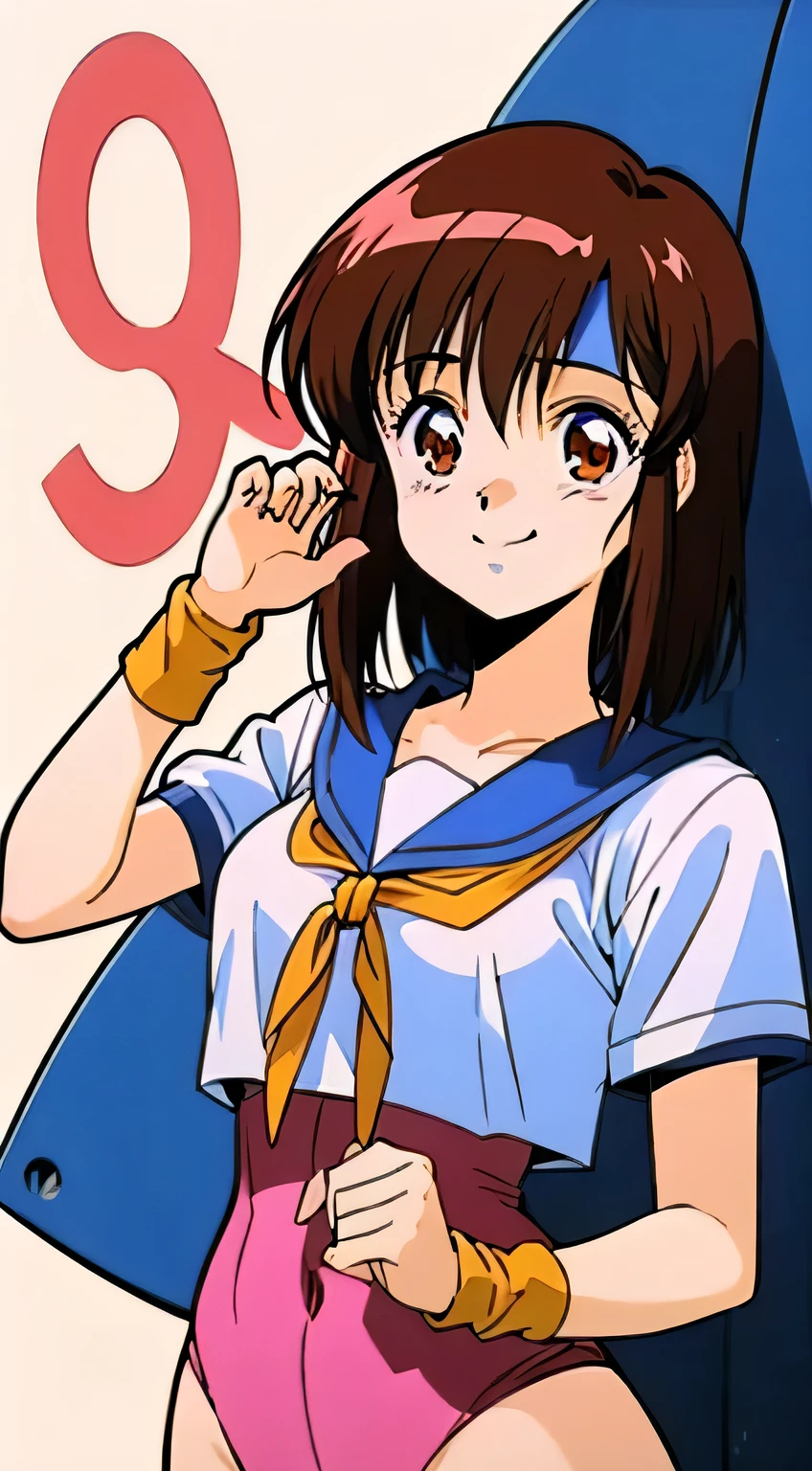 (highest qualityのmasterpiece:1.4),ruffle dress.anime,Doujin illustration,three size:B80-W58-H83, Trending on pixiv,table top、masterpiece、highest quality、Beautiful woman、extraordinary beauty,anime,Doujin illustration,Character design by illustrator Toshiyuki Kubooka,See pixiv trends,Aim for the top!,Gunbuster!,1 girl, alone, head band,Wearing a bandanaして出力,Leotard underneath, Under clothes, background, simple background, bandana, brown eyes,Mikimoto style illustration,smile,Under clothesのレオタード,(red.9.Pink 1,)belly button,happiness,good impression,she,we'we'We've been together for a long time,Noriko Takaya,1 girl, ?medium hair,brown hair,brown eyes 心 Under clothes,smile,red gymnastics, short hair, Wristband,bangs, cute face, hair band,Wearing a bandana,smile, , Gunbuster!,