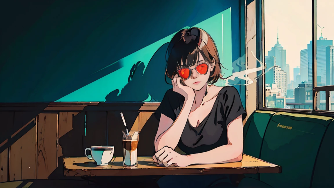 Beautiful young Asian girl in black top sitting in a cafeteria in the morning, Visible from the window, perfect face, sunglasses, Smoking white Taylormade cigarettes, neon black, (with backlight: 1.1), hard shadow, masterpiece, highest quality, Complex, model shooting style, vintage, film grain,breakfast、coffee,LEON,matilda,Looks sad