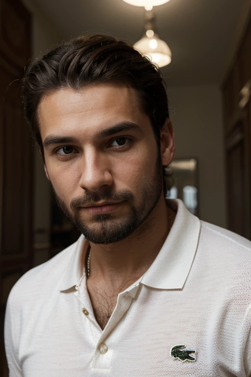 Style epiCRealism un homme brun de 30 ans, light beard, French style, elegant, peau blanche, portrait passeport, portant un polo noir style Lacoste