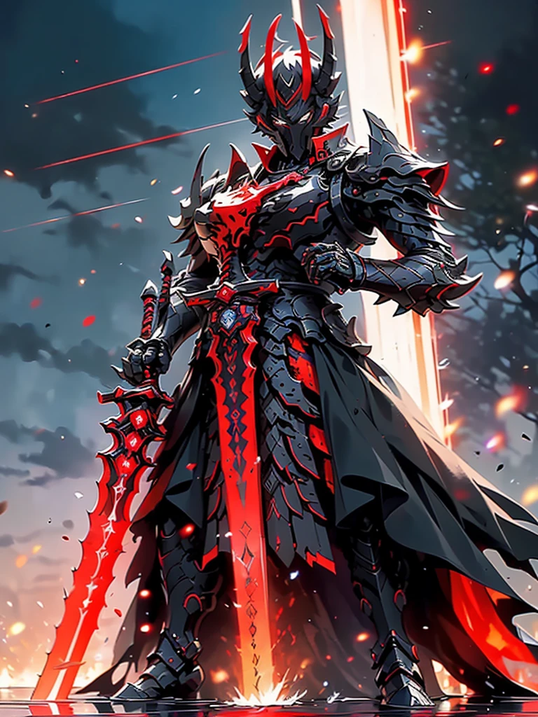 a close up of a person holding a sword and a red light, ruler of inferno, beautiful male god of death, black fire color reflected armor, demon samurai warrior, demon samurai, keqing from genshin impact, king of time reaper, ares with heavy armor and sword, lord of cinder, red demon armor, black and red armor, blood red armor