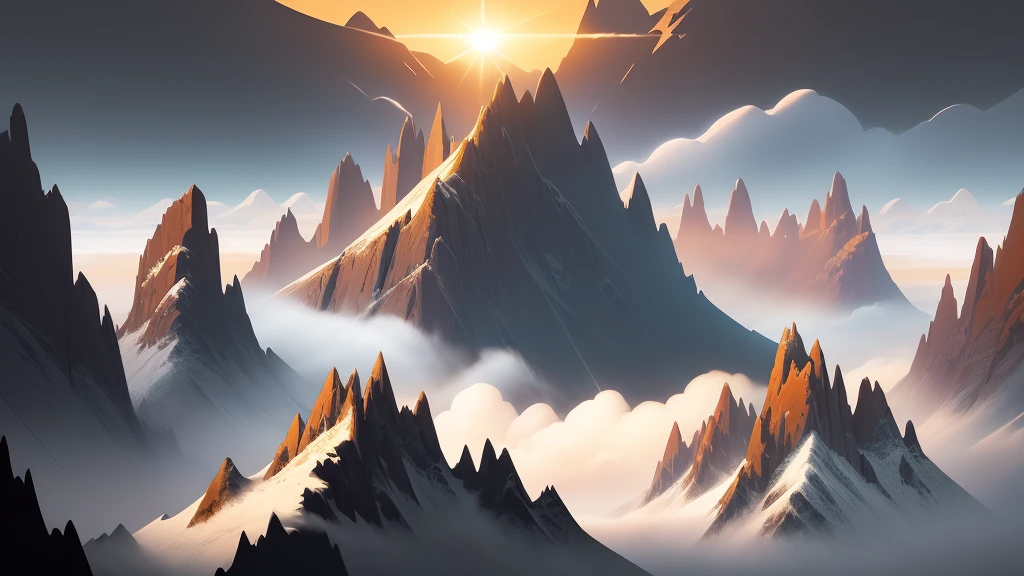 illustration, Digital illustration, detailed and intricate, of a high mountain, the sunlight filtering through the clouds creating a dappled effect. In the vector style, masterpiece, proportional, detailed, trending on artstation, beautiful lighting, realistic, intricate, award winning, 4k, highest quality, ((art by Ed Mell ))