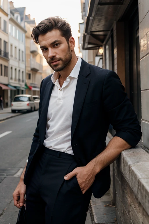 Style epiCRealism un homme brun de 30 ans, light beard, French style, elegant, peau blanche, portrait passeport, portant un polo noir style Lacoste