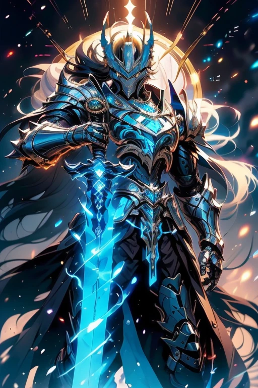 (Masterpiece, Top Quality, Best Quality, Anime Art, JoJo's Bizarre Adventure, S2, A Knight, Great Sword, Stand, Out, Dramatic pose, Shining armor, Glowing eyes, Detailed facial features, Strong jawline, Muscular build, Realistic texture, Hyper-HD, Atmospheric perspective, Stylized lighting, Chiaroscuro, Cinematic shadow, High contrast, Super detail, Character design, Unique perspective, Absurdly detailed, Neo-classical, Patterned armor, Opulent, Noble, Epic, Detailed facial hair, Squinting expression, Battle-ready stance, Сohesive