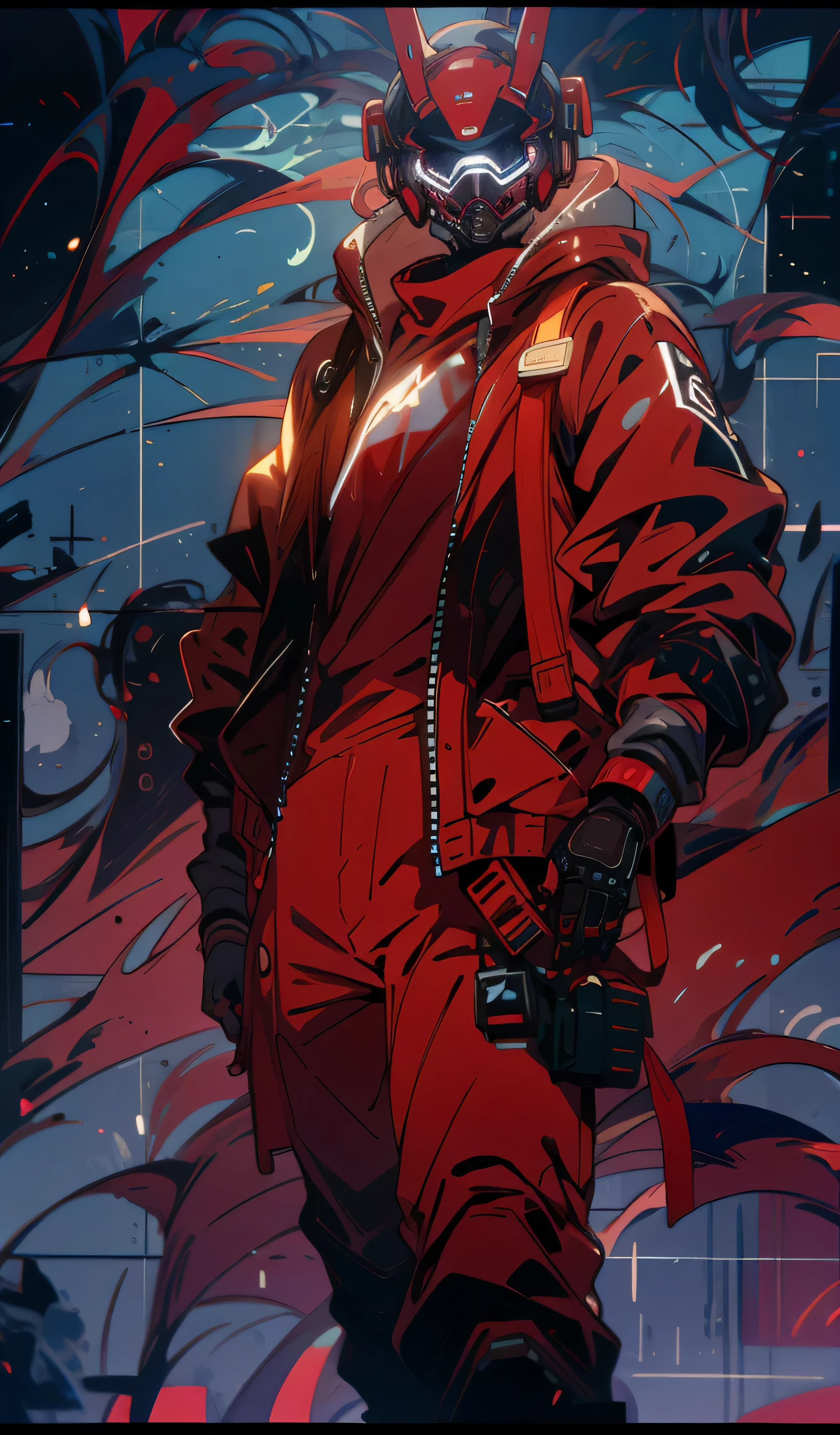 Man, wearing, jacket ad hoodie, gloves , loose pants, straps , very cool cybernetic helmet