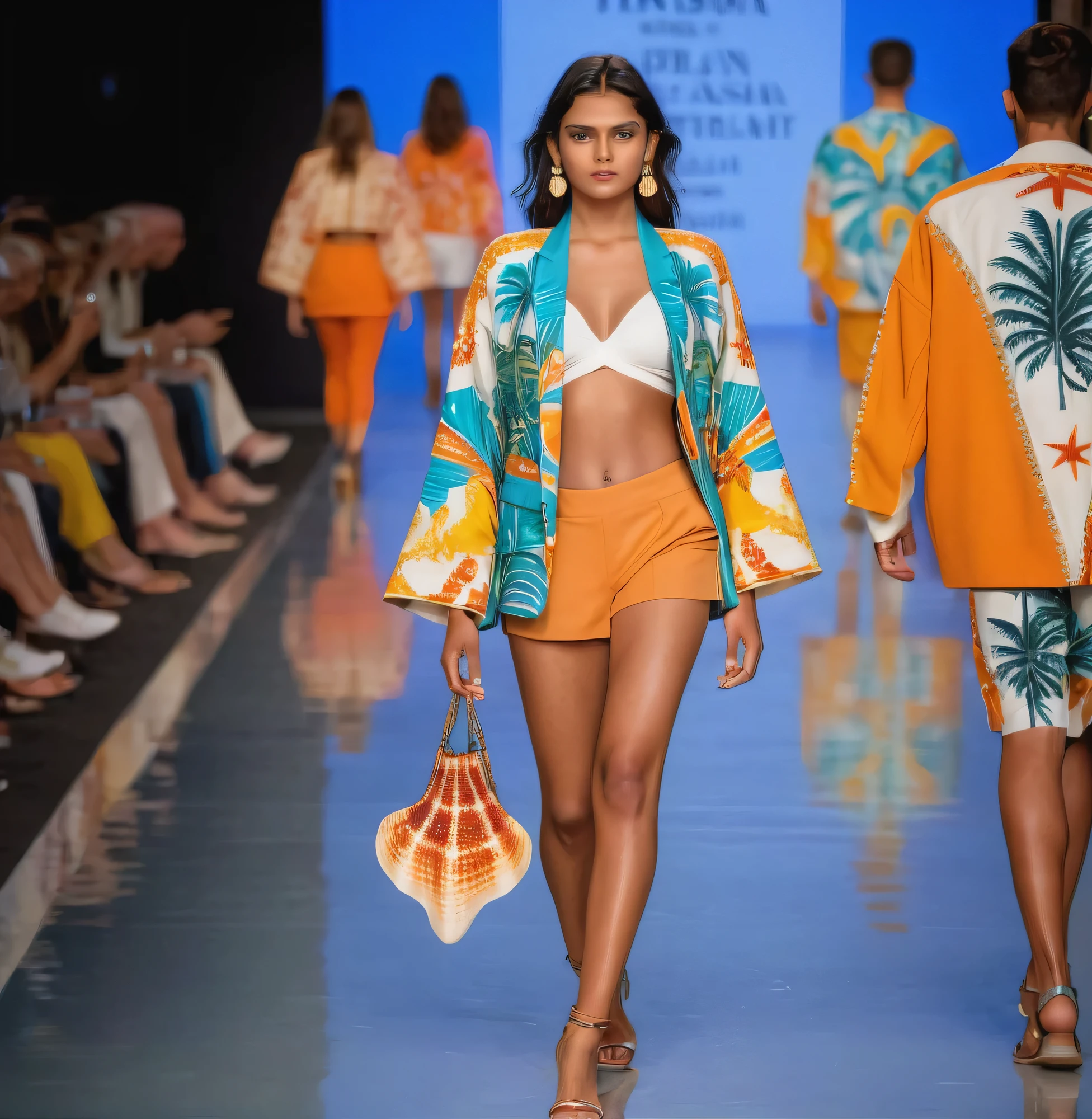 20-year-old Indian girl Ultra realistic full body Ultra realistic full body photo of an fashionable model walking the runway modeling  summer designer novelty interesting complex  unusual street sporty classy modern  dolman sleeve outfit brave, rome positano beachy  details cutouts and  and gold   tropical pattern structured tailored jacket sea beach starfish shell palm