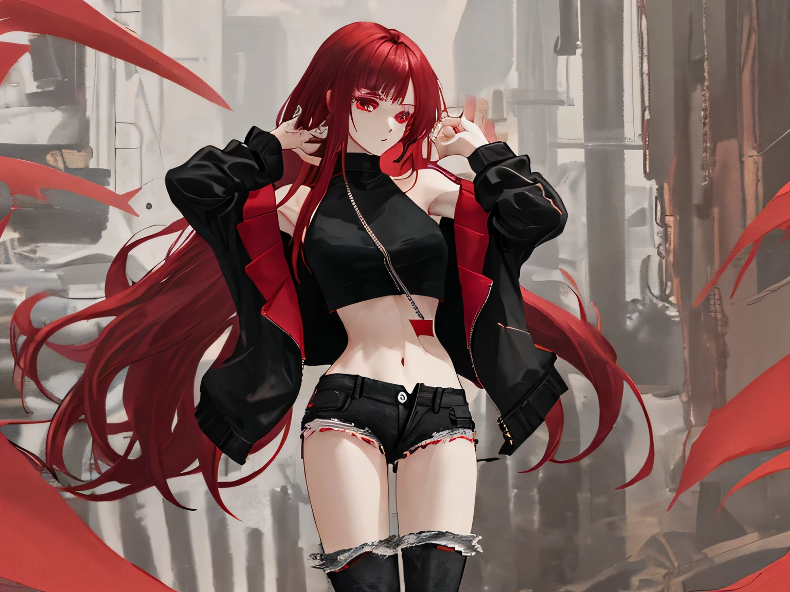 woman with long crimson hair wearing black crop top with off shoulder jacket and black unzipped short jeans showing her dark red panties