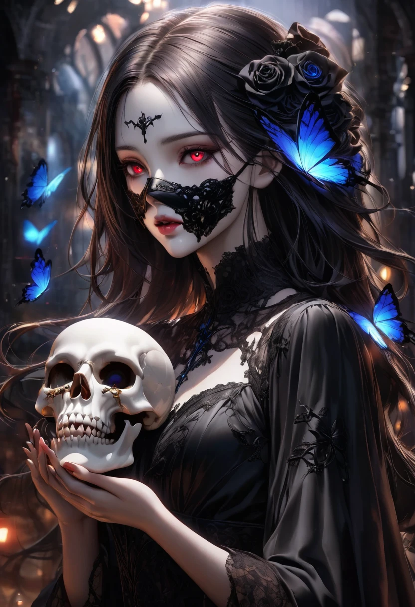 In a gothic art style, depict a wearing a mask. She is wearing a lace long dress and holding a skull bone in her hands. The atmosphere is eerie and terrifying, with burning butterflies flying around. There is also a thorn-covered rose nearby. The girl has an angelic yet devilish appearance, with detailed eyes and lips. The lighting should be dim and mysterious. The image should be of the best quality, with ultra-detailed and photorealistic details, vivid colors, and a touch of bokeh.