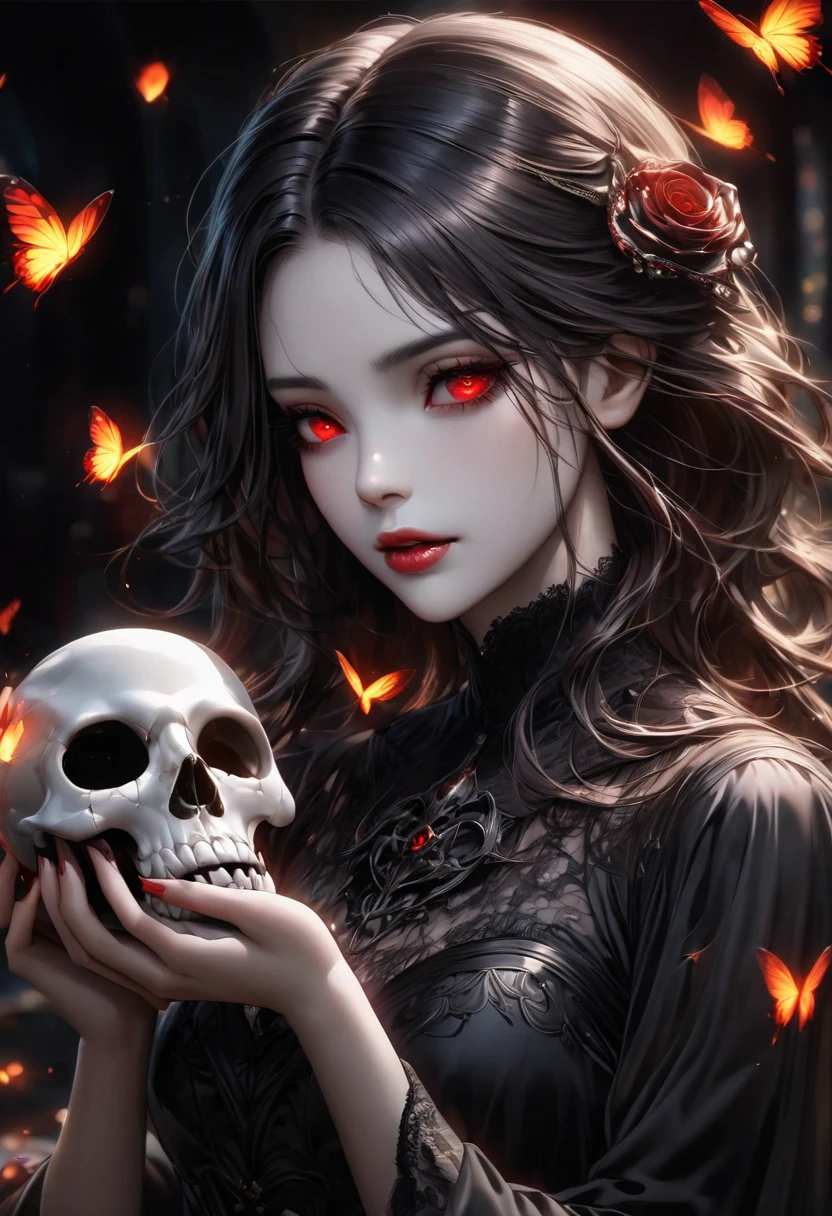 In a gothic art style, depict a  wearing a mask. She is wearing a lace long dress and holding a skull bone in her hands. The atmosphere is eerie and terrifying, with burning butterflies flying around. There is also a thorn-covered rose nearby. The girl has an angelic yet devilish appearance, with detailed eyes and lips. The lighting should be dim and mysterious. The image should be of the best quality, with ultra-detailed and photorealistic details, vivid colors, and a touch of bokeh.