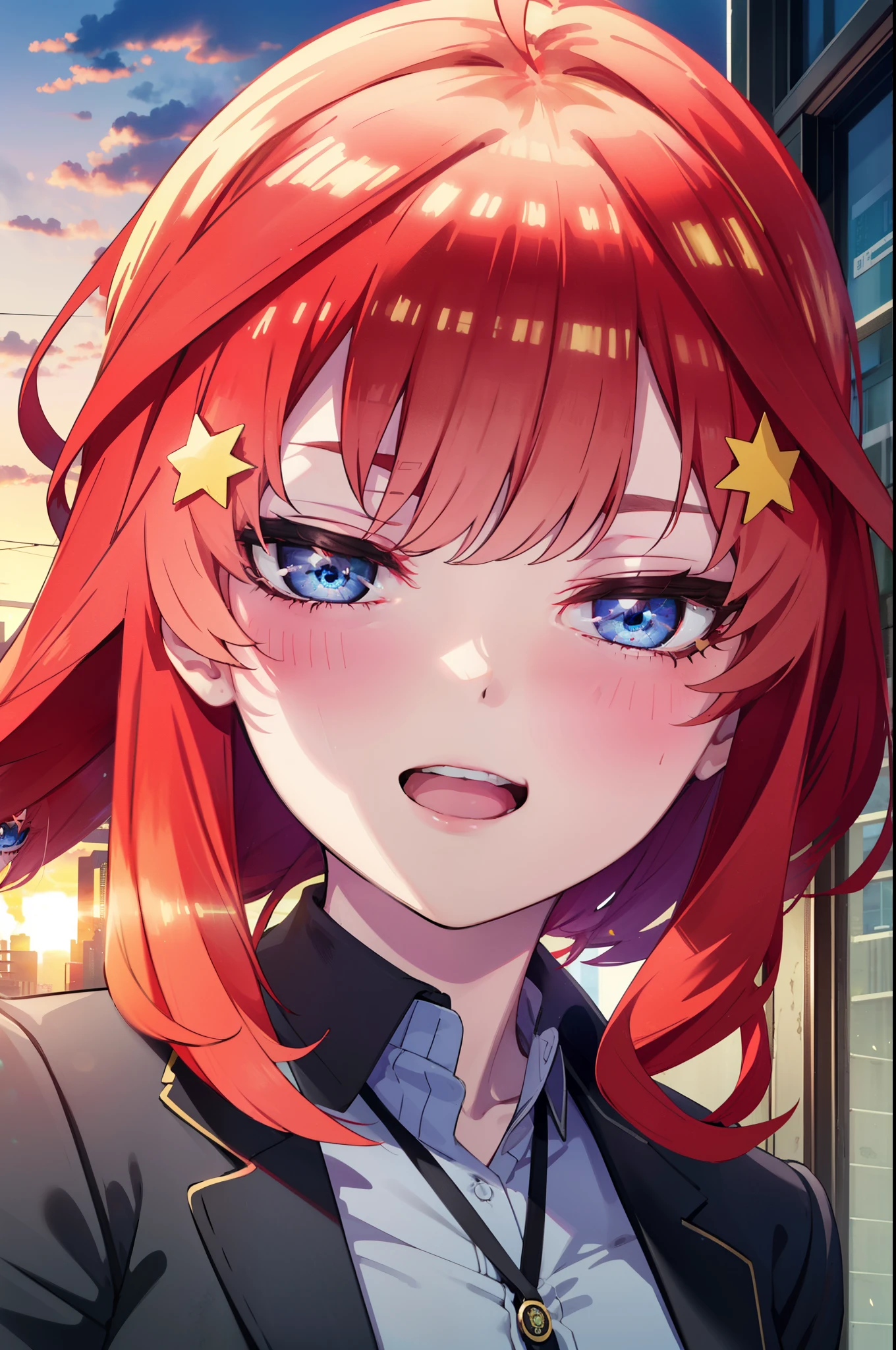 itsukinakano, itsuki nakano, bangs, blue eyes, hair between eyes, Ahoge, redhead, star \(symbol\), hair ornaments, star hair ornaments,happy smile, smile, open your mouth,OL, red glasses, end, black suit jacket, collared jacket, white dress shirt, collared shirt, neckline, button, strap, ID card on neck, black pencil skirt, black pantyhose, stiletto heels,evening,sunset,The sun is setting,
break outdoors, In town,building street,
break looking at viewer,
break (masterpiece:1.2), highest quality, High resolution, unity 8k wallpaper, (figure:0.8), (detailed and beautiful eyes:1.6), highly detailed face, perfect lighting, Very detailed CG, (perfect hands, perfect anatomy),