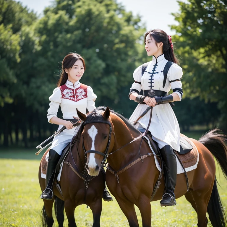 Two beautiful women riding horses on the grassland、They are fighting with swords too.