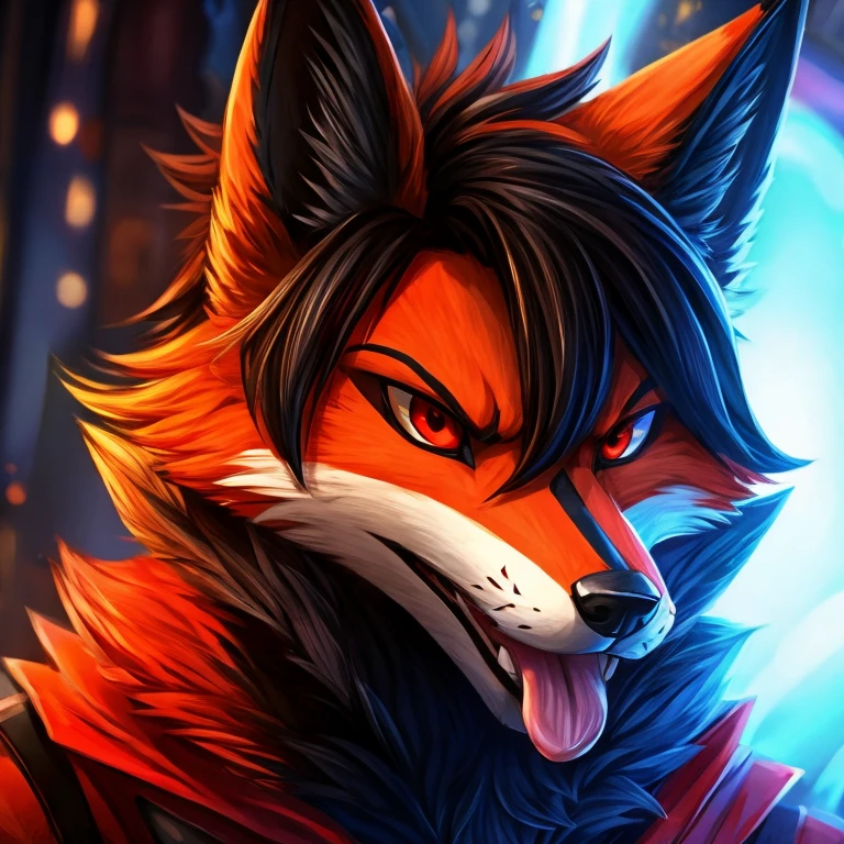 Fox male antivillain with hair black and fur orange and red eyes out tongue