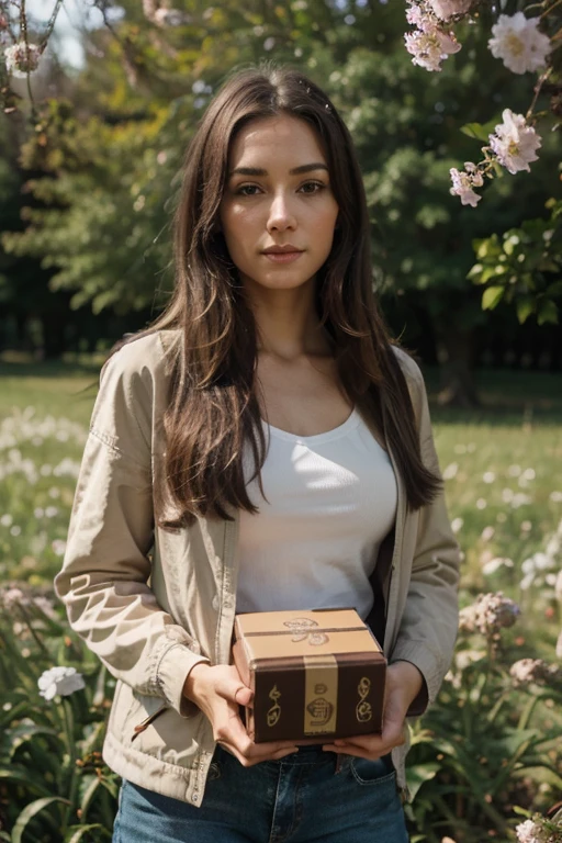 realistic photos of european woman in mid 30s holding a product box that says "Antegenes", full frame picture, in nature during spring, positive vibes, zoomed out with nature background, Shoulder-length hair, thin makeup, clothed properly with a jacket, clear facial features, 8K high resolution, sharp and realistic details, from outside, , f/4.0, 135mm, Fujifilm, jpeg artifacts, dithering, UHD, masterpiece, zoomed out,