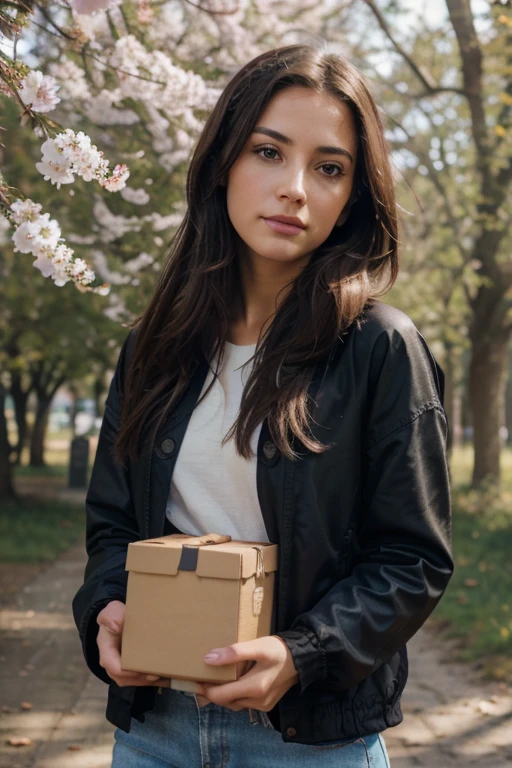 realistic photos of european woman in mid 30s holding a product box that says "Antegenes", full frame picture, in nature during spring, positive vibes, zoomed out with nature background, Shoulder-length hair, thin makeup, clothed properly with a jacket, clear facial features, 8K high resolution, sharp and realistic details, from outside, , f/4.0, 135mm, Fujifilm, jpeg artifacts, dithering, UHD, masterpiece, zoomed out,