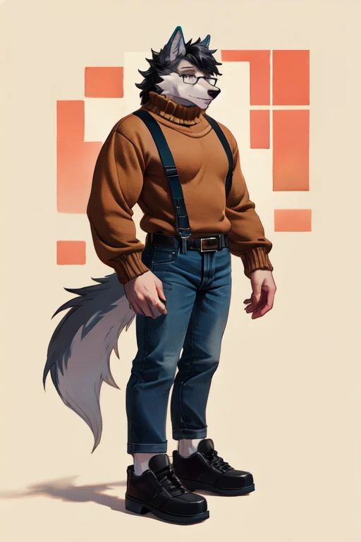 Furry, anthropomorphic wolf, light gray fur, yellow eyes, black hair, wearing glasses, 6'4 and 192 lbs, 43" chest, 19" shoulders, 14" biceps, 33" waist, 23" thighs, 15" calves, 18" back, thirty years old, in their prime, wearing brown sweater, turtleneck sweater, wearing black suspenders, wearing blue jeans, wearing red leather belt, wearing black shoes, soft colors, vivid colors, pastel colors, soft shading
