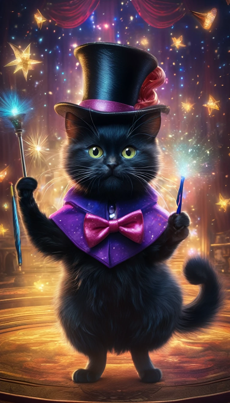 (best quality,4K,8K,high resolution,masterpiece:1.2),Super detailed,(actual,photoactual,photo-actual:1.37),a whimsical illustration,Black Cat as Magician,put on top hat,holding a magic wand,rotate,colorful spell,Enchantment