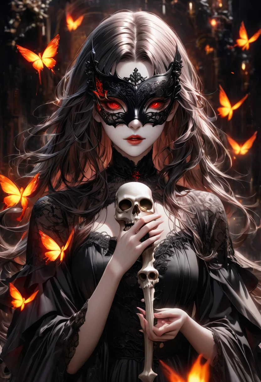 In a gothic art style, depict a wearing a mask. She is wearing a lace long dress and holding a skull bone in her hands. The atmosphere is eerie and terrifying, with burning butterflies flying around. There is also a thorn-covered rose nearby. The girl has an angelic yet devilish appearance, with detailed eyes and lips. The lighting should be dim and mysterious. The image should be of the best quality, with ultra-detailed and photorealistic details, vivid colors, and a touch of bokeh.