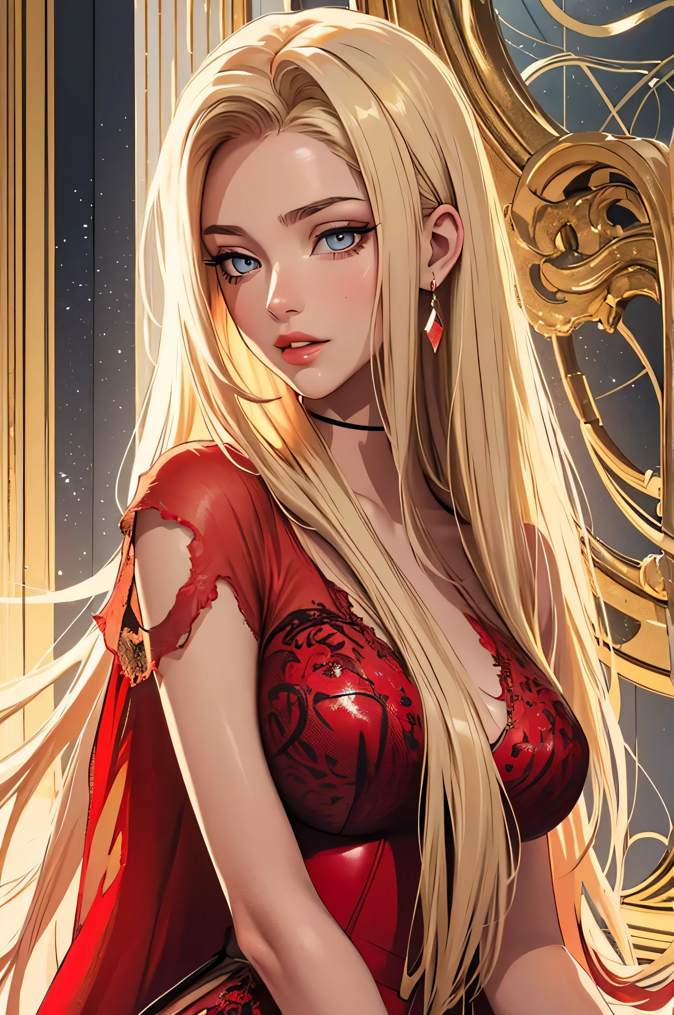 (masterpiece, top quality, best quality, official art, beautiful and aesthetic:1.2), young (1girl:1.3), (wearing torn red dress:1.3), (blonde:1.3) hair, long hair, (colorful eyes:1.3), extremely detailed, colorful, (highly detailed CG illustration), (looking at viewer), cinematic light, solo, half body, (character focus), ),Cath, extravagant makeup, full lips, sexy pose, clothes ASIDE , used condoms, partially naked, shiny skin, red lingerie, penis awe
