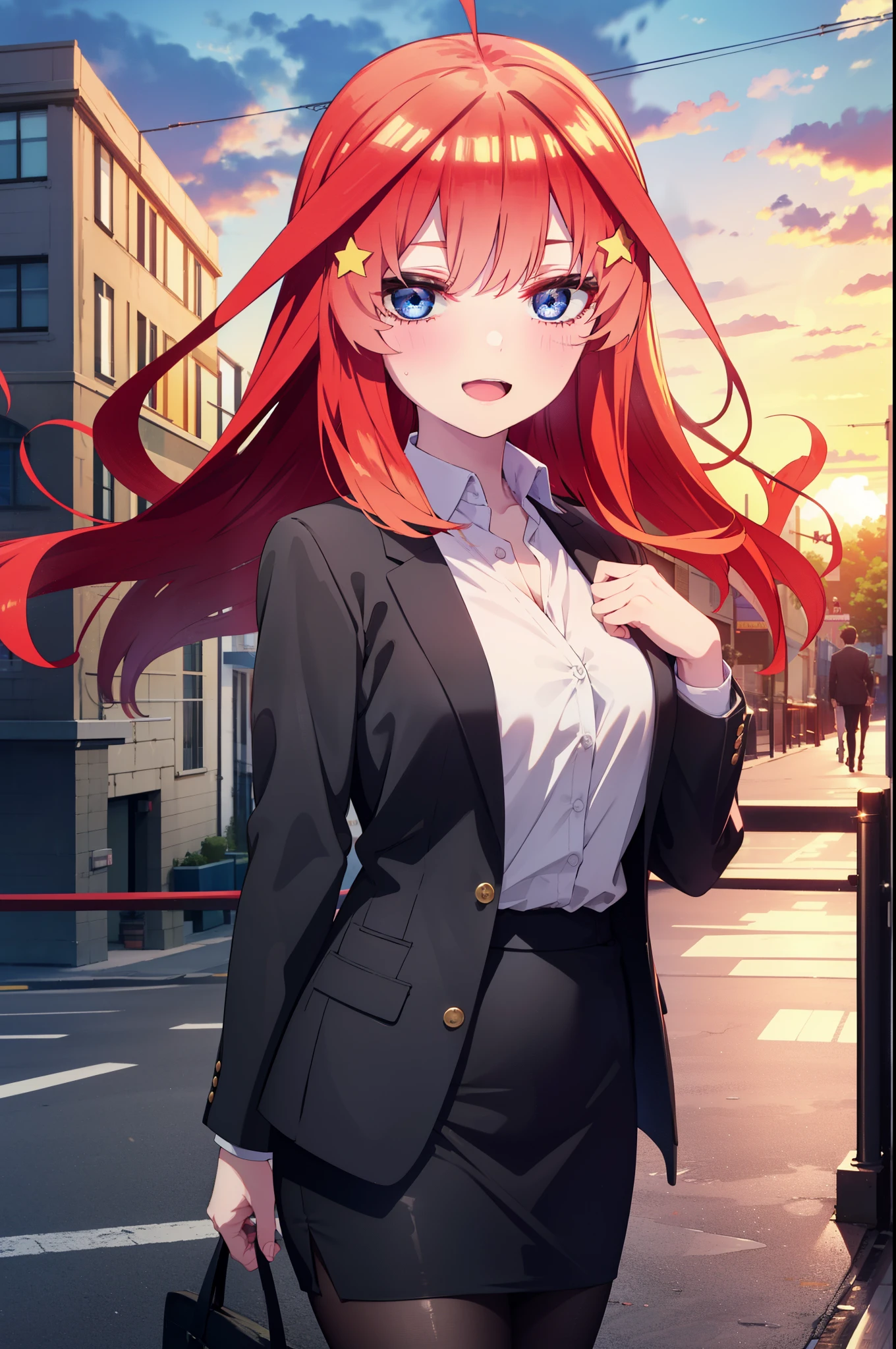 itsukinakano, itsuki nakano, bangs, blue eyes, hair between eyes, Ahoge, redhead, star \(symbol\), hair ornaments, star hair ornaments,happy smile, smile, open your mouth,OL, red glasses, end, black suit jacket, collared jacket, white dress shirt, collared shirt, neckline, button, strap, ID card on neck, black pencil skirt, black pantyhose, stiletto heels,whole bodyがイラストに入るように,evening,sunset,The sun is setting,
break outdoors, In town,building street,
break looking at viewer, whole body,
break (masterpiece:1.2), highest quality, High resolution, unity 8k wallpaper, (figure:0.8), (detailed and beautiful eyes:1.6), highly detailed face, perfect lighting, Very detailed CG, (perfect hands, perfect anatomy),