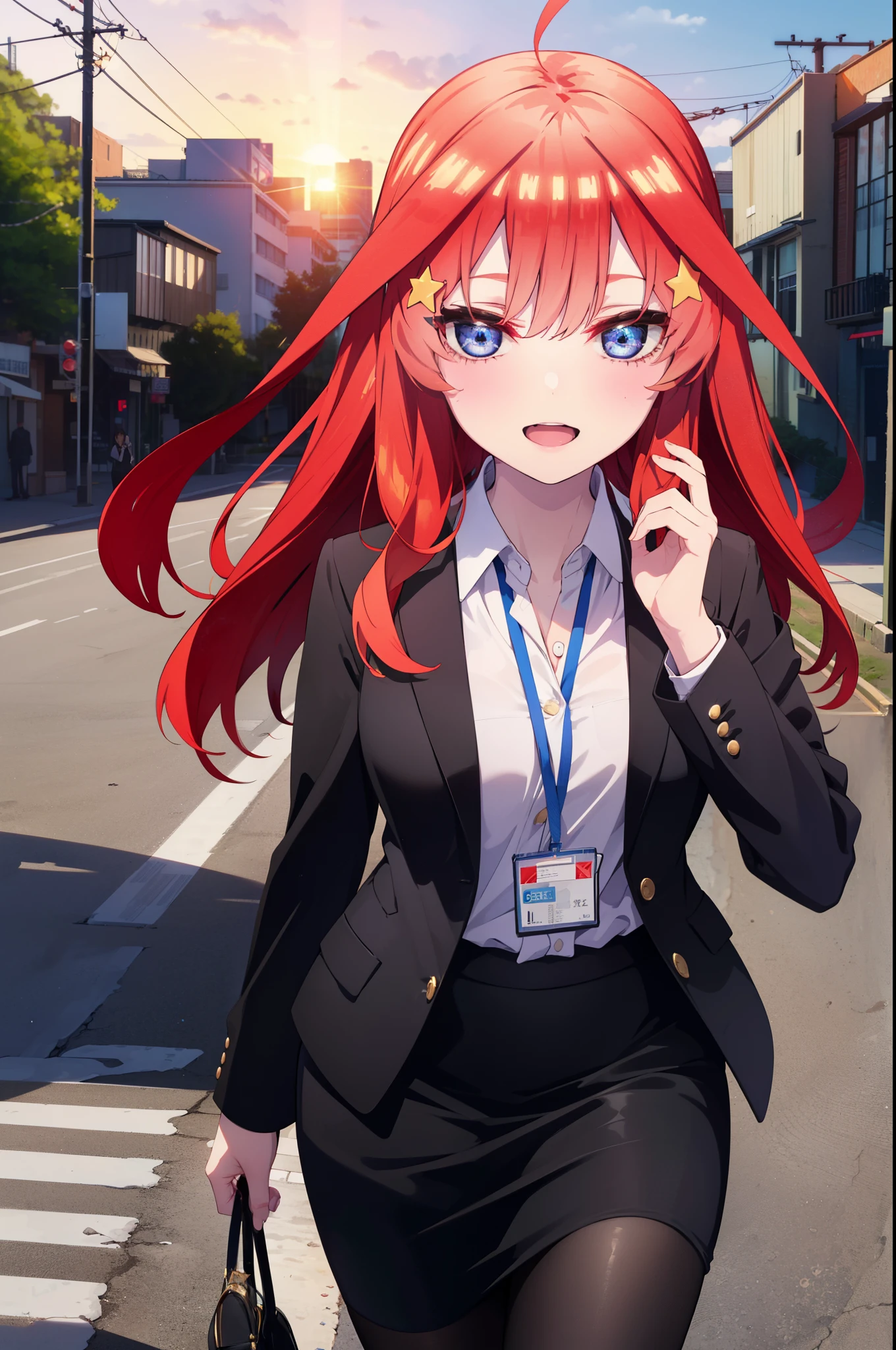 itsukinakano, itsuki nakano, bangs, blue eyes, hair between eyes, Ahoge, redhead, star \(symbol\), hair ornaments, star hair ornaments,happy smile, smile, open your mouth,OL, red glasses, end, black suit jacket, collared jacket, white dress shirt, collared shirt, neckline, button, strap, ID card on neck, black pencil skirt, black pantyhose, stiletto heels,whole bodyがイラストに入るように,evening,sunset,The sun is setting,
break outdoors, In town,building street,
break looking at viewer, whole body,
break (masterpiece:1.2), highest quality, High resolution, unity 8k wallpaper, (figure:0.8), (detailed and beautiful eyes:1.6), highly detailed face, perfect lighting, Very detailed CG, (perfect hands, perfect anatomy),