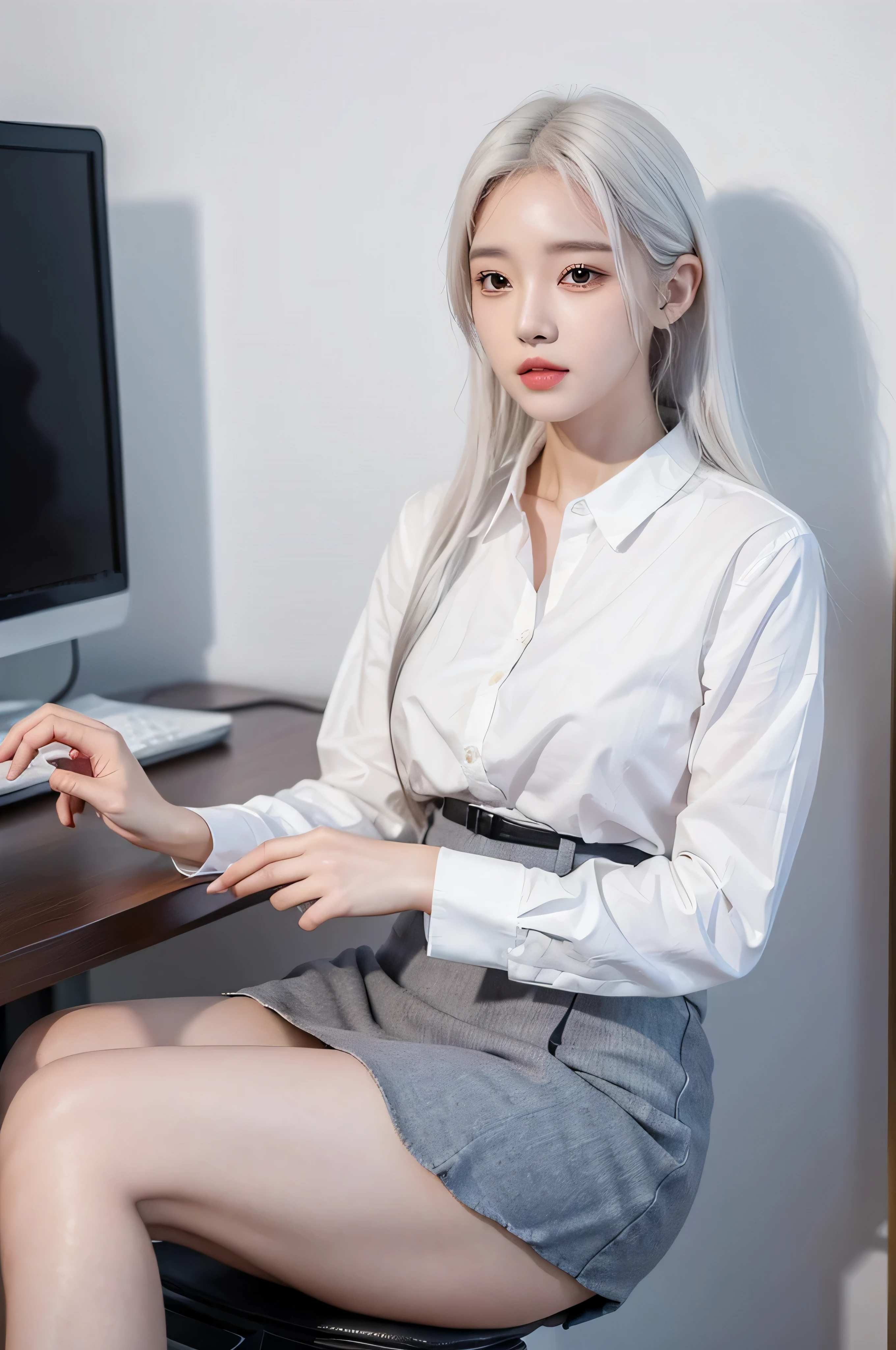 (8k, RAW photo, best quality, masterpiece:1.2), (realistic, photo-realistic:1.37), 1girl, (Kpop idol), cute, office, 1girl, white hair, cute, office shirt and office skirt