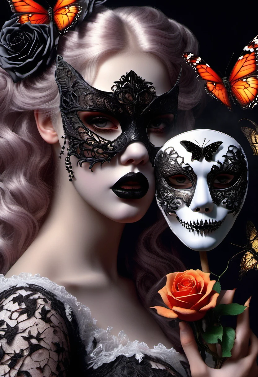 (best quality,4k,8k,highres,masterpiece:1.2),ultra-detailed,(realistic,photorealistic,photo-realistic:1.37),gothic art,girl with mask,lace dress,thorny rose,creepy,terrifying,burning butterfly,holding a skull.