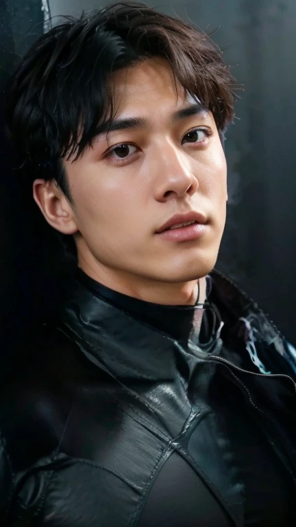 young bruce wayne man brunette, Cuerpo big deal y musculoso, Black T-shirt, in dark room, wet, Asian, Similar to Jungkook, annoying, Serious, thermal, big deal