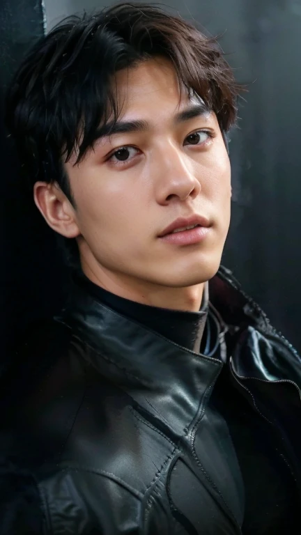 young bruce wayne man brunette, Cuerpo big deal y musculoso, Black T-shirt, in dark room, wet, Asian, Similar to Jungkook, annoying, Serious, thermal, big deal